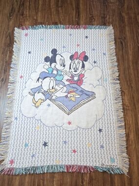 Vintage Disney Baby Blanket Mickey Minnie Donald Tapestry Throw 32X44 Pink, Blue